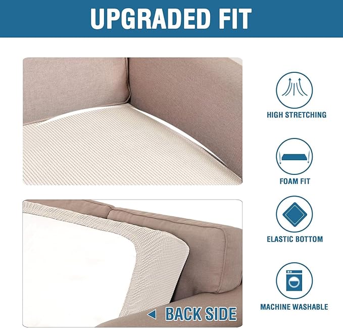 H.VERSAILTEX Super Stretch Individual Seat Cushion Covers - Sofa Couch Cushion Slipcover Sets - Thick Jacquard Textured Twill Fabric - Large (2 Piece, Ivory)-HomvellaHome