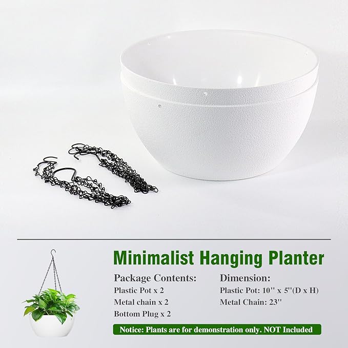10 inch Hanging Planters for Outdoor Indoor Plants with Drainage Holes and Chain, 2 Pack Round Hanging Flower Plant Pots for Garden Home Porch Decor, White-HomvellaHome