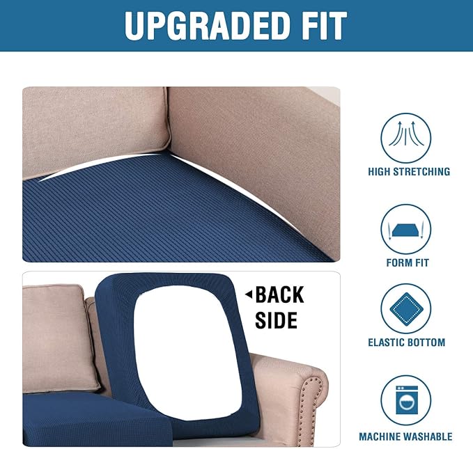 H.VERSAILTEX Super Stretch Individual Seat Cushion Covers - Sofa & Couch Cushion Slipcover Sets - Thick Jacquard Textured Twill Fabric (3 Piece XL Sofa Cushion Covers, Navy)-HomvellaHome