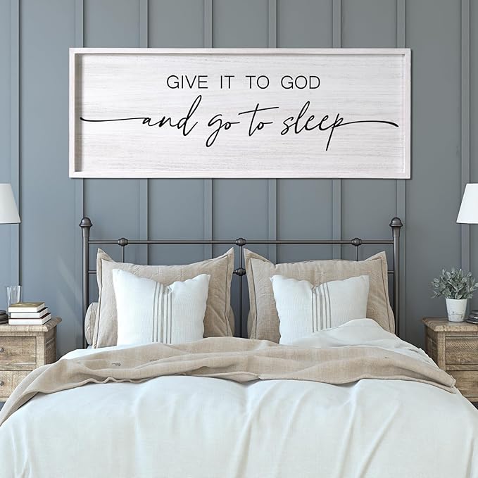 Give It to God and Go to Sleep Decorative Rustic Sign & Plaque Framed Wall Art for Couples, 40''×15'' Vintage Farmhouse Wooden Horizontal Wall Decor Above Bed, Cottagecore Wedding Gift for Bedroom-HomvellaHome