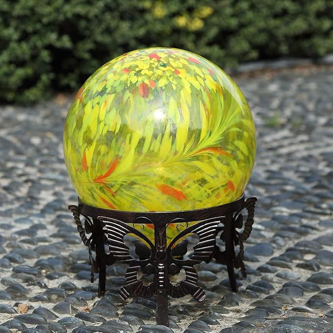 Gazing Ball 10 inch Colorful Glass Gazing Ball for Garden Decor, Indoor Outdoor Glass Gazing Globe Yard Decoration, Yellow-HomvellaHome