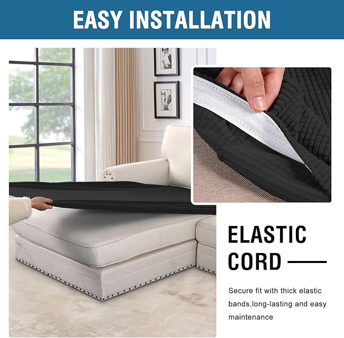 H.VERSAILTEX Super Stretch Individual Chaise Cover Sectional Couch Covers for L Shaped Sofa Both Left/Right Featuring Thick Jacquard Textured Twill Fabric (1 Piece Chaise Cover, Black)-HomvellaHome