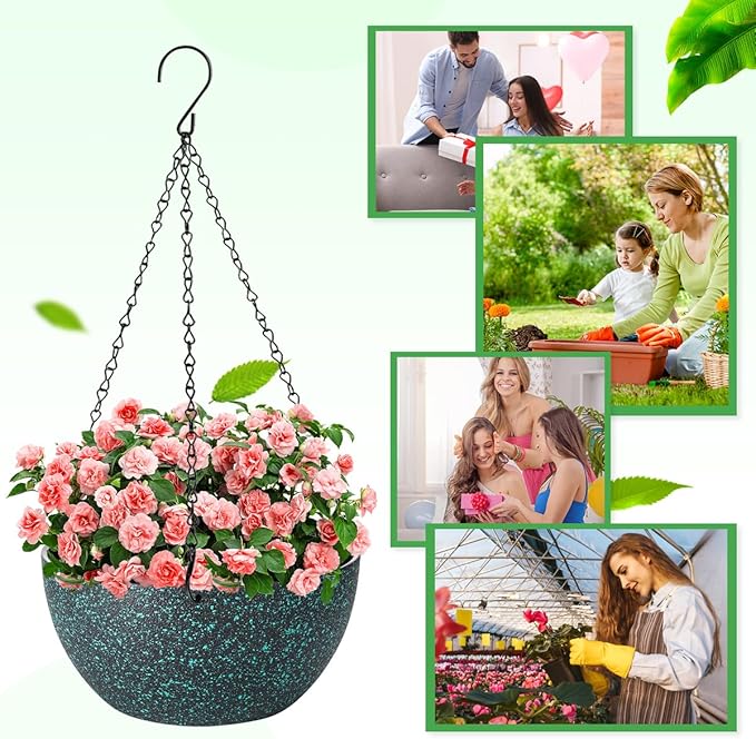 12 inch Hanging Planters for Indoor Plants, 2 Pack Planters for Outdoor Plants with Drainage Holes and Chain, Round Plastic Hanging Baskets, Hanging Flower Pots for Balcony Garden Decor-Black Speckle-HomvellaHome