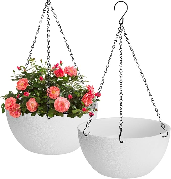 13 inch Hanging Planters for Indoor Plants, 2 Pack Planters for Outdoor Plants with Drainage Holes and Chain, Round Plastic Hanging Baskets, Hanging Flower Pots for Balcony Garden Decor-White-HomvellaHome