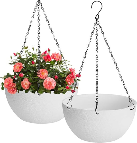 13 inch Hanging Planters for Indoor Plants, 2 Pack Planters for Outdoor Plants with Drainage Holes and Chain, Round Plastic Hanging Baskets, Hanging Flower Pots for Balcony Garden Decor-White-HomvellaHome