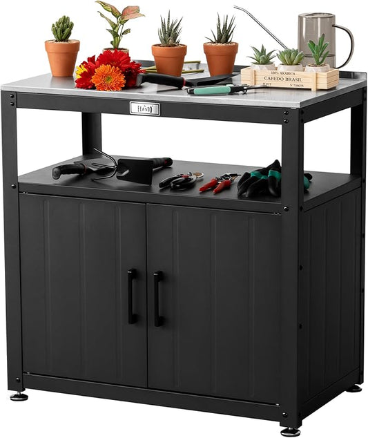 Garden Potting Bench with Storage Cabinet,Outdoor Gardening Table & Work Bench for Plants, Horticulture,Outdoor Workstation with Stainless Steel Tabletop,Outdoor Work Table-HomvellaHome