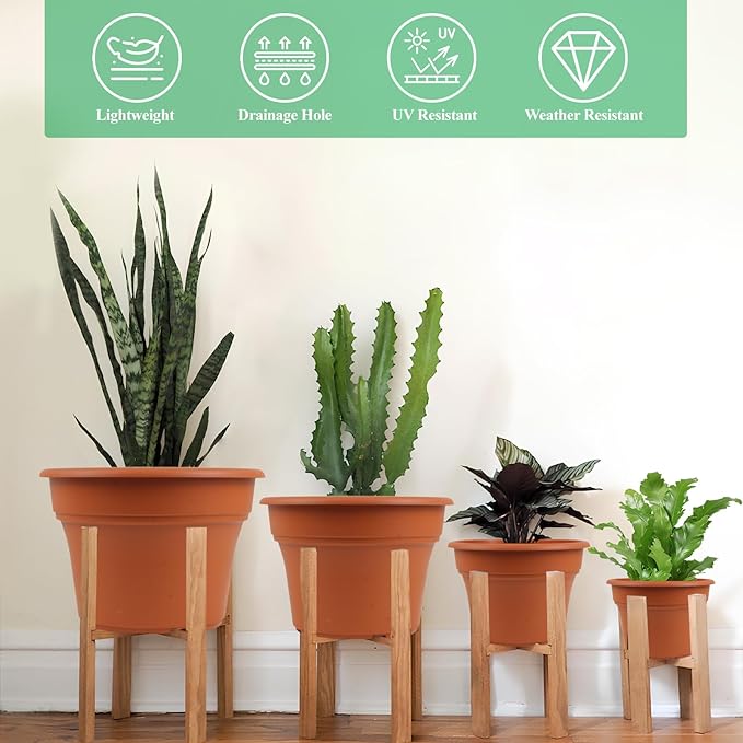 11 Inch Plastic-Flower-Pot-for-Indoor-Plants, 4 Pack Large Outdoor Planter Pot with Drainage Holes & Saucers, Resin Decorative Garden Pots Planters-HomvellaHome