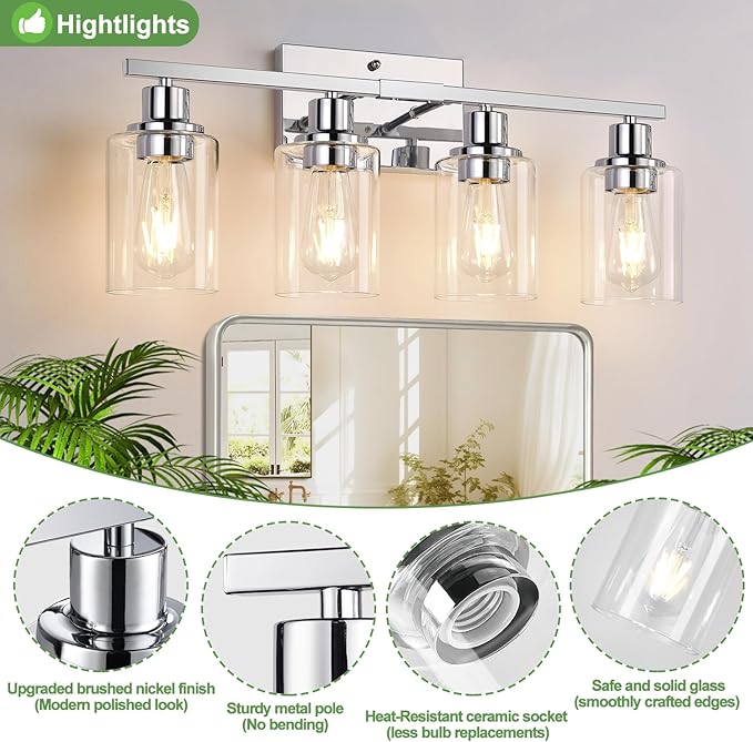 4 Light Bathroom Light Fixtures, Chrome Vanity Lights with Clear Glass Shades, Modern Bathroom Light Fixtures Over Mirror, Modern Bathroom Wall Lamp for Mirror Living Room Cabinet-HomvellaHome