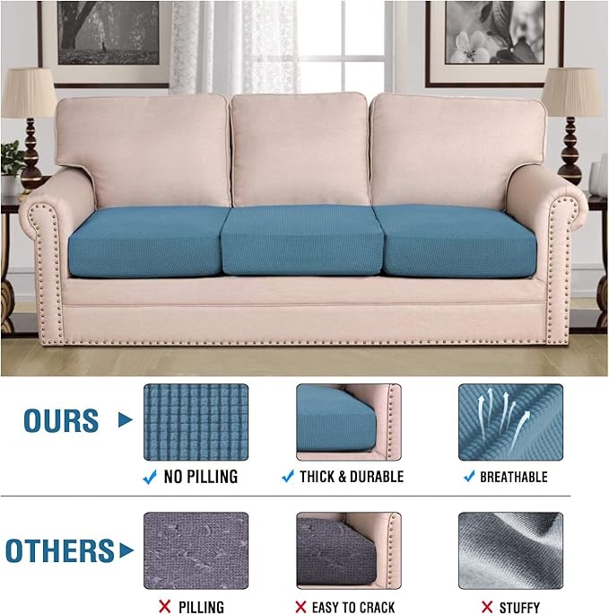 H.VERSAILTEX Super Stretch Individual Seat Cushion Covers Sofa Covers Slipcover Sets Thick Jacquard Textured Twill Fabric (3 Piece, Dusty Blue)-HomvellaHome