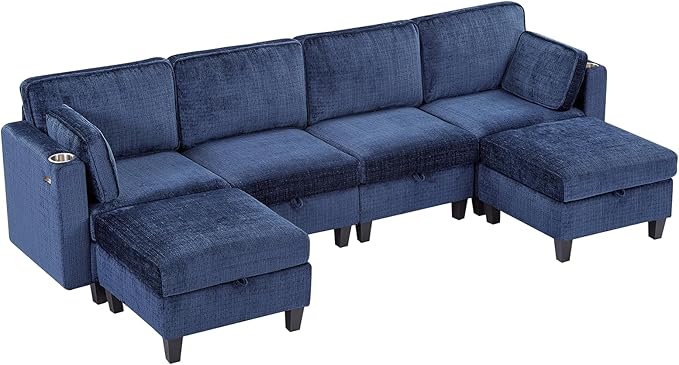 110" Modular Sectional Sofa, Convertible Sleeper Sofa Couch Bed with Adjustable Backrest, U-Shaped Chenille Cloud Couch with Ottoman Storage, Deep Seat Couches for Living Room,Blue-HomvellaHome