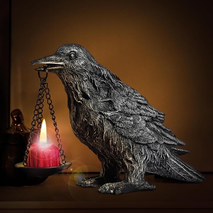 Gothic Home Decor Fake Crow Light Holder Raven Lamp Tealight Candle Holder Resin Statue Half Silver-HomvellaHome