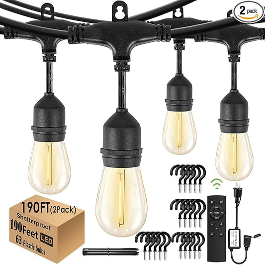 190FT Remote Controlled Outdoor String Lights Patio String Lights for Outside, 60+3 Shatterproof S14 Warm Lights String Outdoor for Bistro Café Gazebo Backyard, Linkable, 2 Pack-HomvellaHome