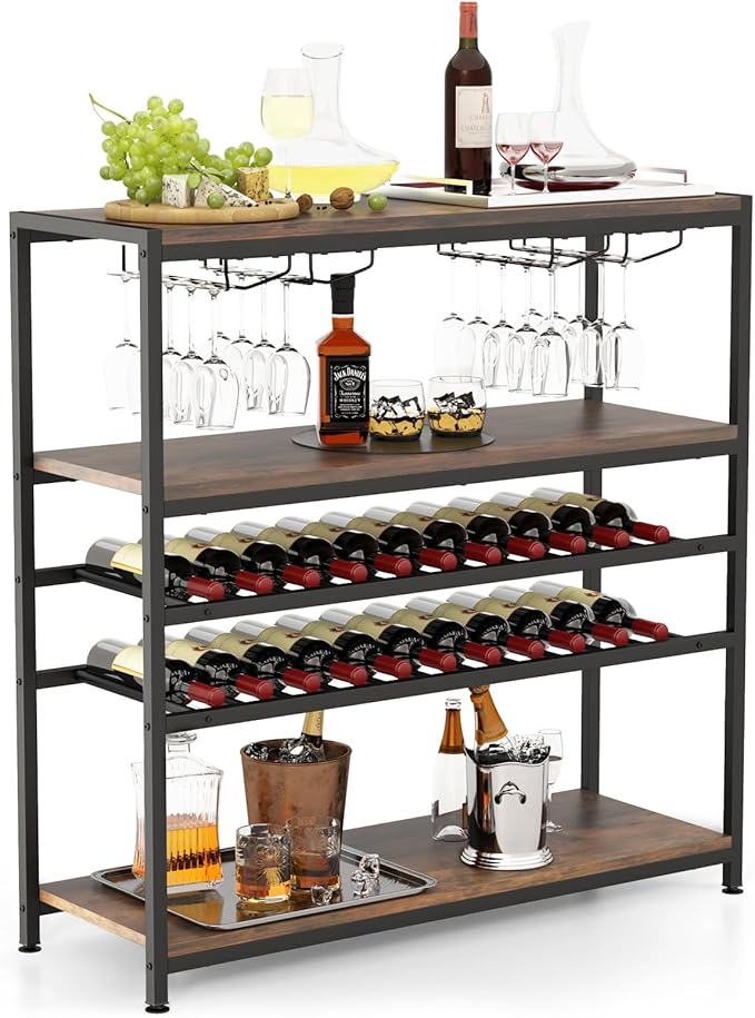 GOFLAME Industrial Wine Rack Table, Wine Bar Cabinet with 2-Tier Wine Rack, 4 Row Glass Holder and Storage Shelves, Freestanding Floor Liquor Storage Stand for Kitchen, Dining Room, Rustic Brown-HomvellaHome