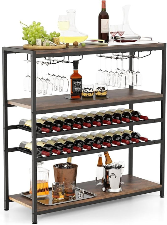 GOFLAME Industrial Wine Rack Table, Wine Bar Cabinet with 2-Tier Wine Rack, 4 Row Glass Holder and Storage Shelves, Freestanding Floor Liquor Storage Stand for Kitchen, Dining Room, Rustic Brown-HomvellaHome
