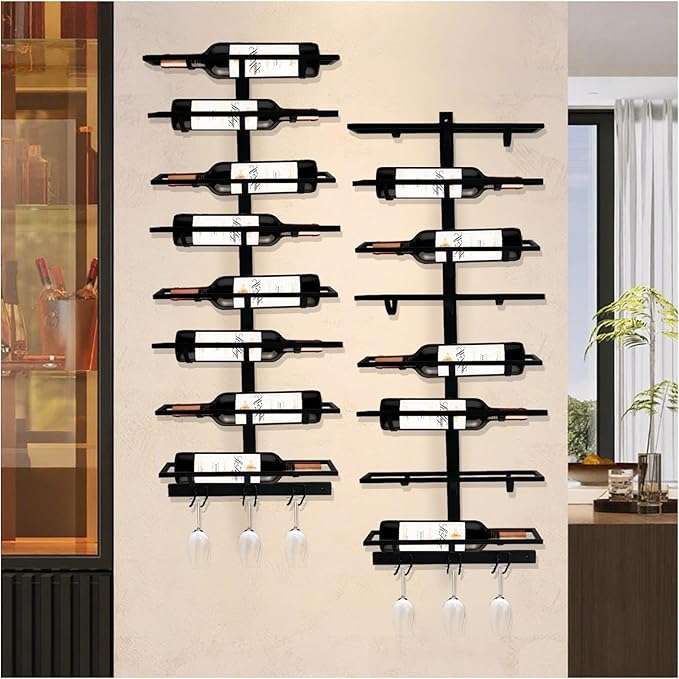 16 Bottle Wall Mount Wine Rack with Wine Glass Holder, Metal Wine Wall Rack, Wall Racks for Wine Bottles Display and Storage, Hanging Bottle Organizer for Living Dining Room Wine Cellar Bar (Black)-HomvellaHome