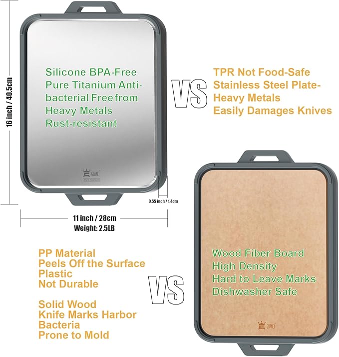 GUANCI Pure Titanium Cutting Board, Double Sided Cutting Board for Kitchen, Pure Titanium/Wood Fiber Composite with Juice Groove Dishwasher Safe 16"L x 11"W-HomvellaHome