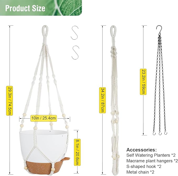 10 inch Self Watering Hanging Planters, 2 Pack Hanging Baskets for Indoor Outdoor Plants, Hanging Flower Pots with Drainage Holes & 2 Kinds of Plant Hangers for Garden Home Décor, White Brown-HomvellaHome