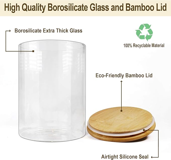 Glass Jars with Bamboo Lids, Glass Food Jars and Canisters Sets, Flour Jar, Large Food Canister with airtight lids, Flour Storage Container, Pantry Jars, 100oz-HomvellaHome