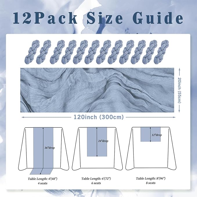 12 Pack Dusty Blue 10FT Cheesecloth Table Runner Rustic Gauze Fabric Cheese Cloth Table Runner for Wedding Bridal Baby Shower Table Decor 20 x 120 Inch Long Boho Sheer Birthday Party Table Decorations-HomvellaHome