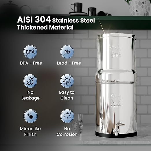 Gravity Water Filter System - 1.5 Gallons NSF Certified AISI 304 Stainless Steel Water Filter with 2 Smart (Black) Carbon Filter Elements & Free Stainless Steel Stand and Spigot (1.5G)-HomvellaHome