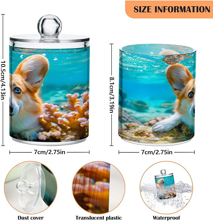 2 Pack Qtip Holder Organizer Dispenser Corgi Dog Underwater Bathroom Storage Canister Cotton Ball Holder Container for Cotton Pads/Swabs/Floss-HomvellaHome