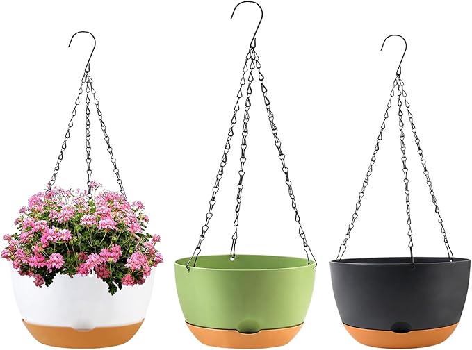 10 inch Hanging Planters for Indoor Outdoor Plants with Self-Watering Pots, 3 Pack Plastic Hanging Basket with Removable Tray for Home Garden Porch Balcony Patio Decor(White+Black+Green)-HomvellaHome