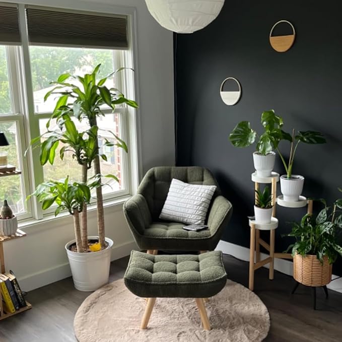 Green Sherpa Accent Chair with Ottoman ，Modern Reading Chair with Ottoman Set, Comfy Fuzzy Armchair Living Room Chair Lounge Chair with Wood Legs for Small Spaces Bedroom Apartment-HomvellaHome