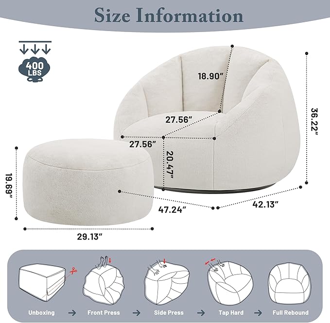 Giant Bean Bag Swivel Chair for Adults - Comfy Plush Round Shell Soft Accent Chaise Lounge Indoor Chair, Oversized Cozy Floor Sofa for Living Room, Bedroom & Game Rooms, Beige-HomvellaHome