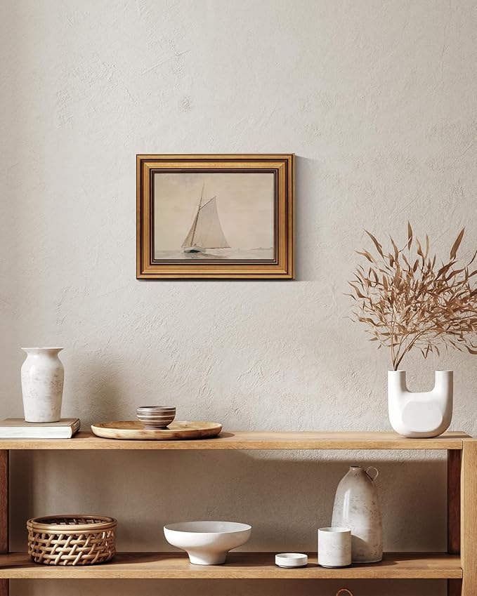 Gold Framed Vintage Wall Art for Living Room, Seaview Painting Prints Shelf Decor for Kitchen, Aesthetic Bedroom Wall Art, Christmas Gifts for Friends or Family (White Sailboat - 8"x10")-HomvellaHome