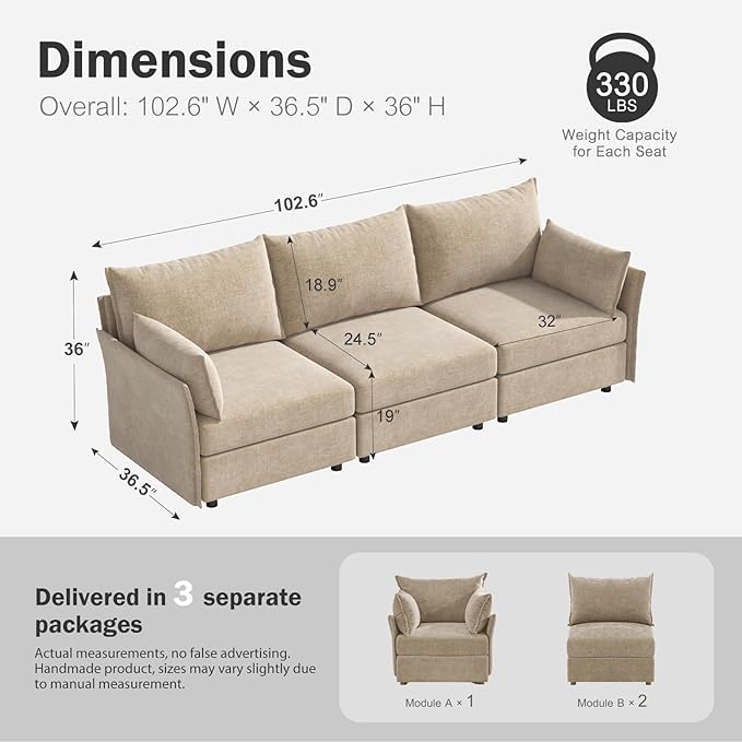 102.6" Modular Sectional Sofa, Oversized 3-Seater Couch with Removable Beige Chenille Fabric Cover, Deep Seat & High Backrest for Living Room, Office & Apartment-HomvellaHome