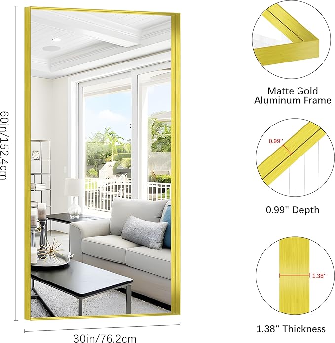 Gold Bathroom Mirror, 30x60 Inch Rectangular Deep Frame Mirror, Large Wall Mounted Bathroom Vanity Mirror Over Sink for Bedroom,Restroom, Living Room, Hangs Vertically or Horizontally-HomvellaHome