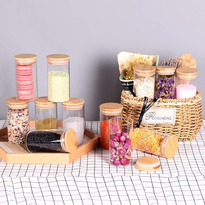12 Pcs Glass Spice Jars - 8.5oz Empty Small Glass Bottles with Bamboo Airtight Lids and Labels - Thicken Seasoning Spice Containers for Kitchen Organization and Storage…-HomvellaHome