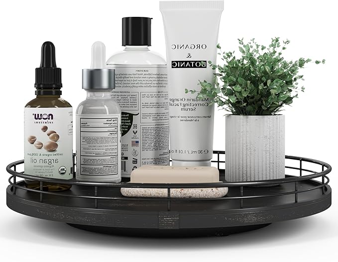 12" Oak Bathroom Vanity Tray Turntable for Perfume Candle, Round Wooden Decorative Tray for Kitchen Sink Countertop Organizer, Bathroom Counter Organizer for Skincare Makeup, Farmhouse Black Gold-HomvellaHome