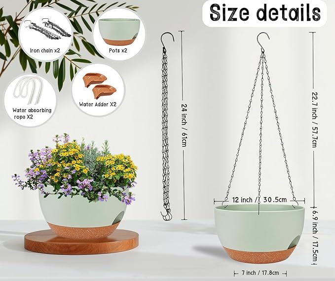 2 Pack 12 Inch Large Hanging Planters with Chains Self Watering Green Brown Plastic Hanging Pots for Indoor Outdoor Plants, Garden Porch Home Decor，Green Brown-HomvellaHome