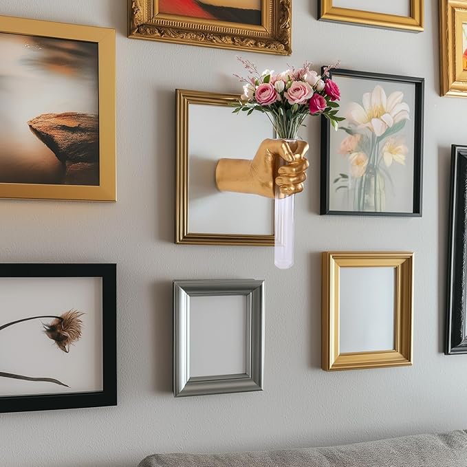 Gold Wall Sculptures, Hand Vases Home Decor, Wall Mount Art Sculpture, Unique Wall Art Statue, Funky Flower Vase Decorations, Modern Eclectic Hanging Decor,Glass Test Tube Vase-HomvellaHome
