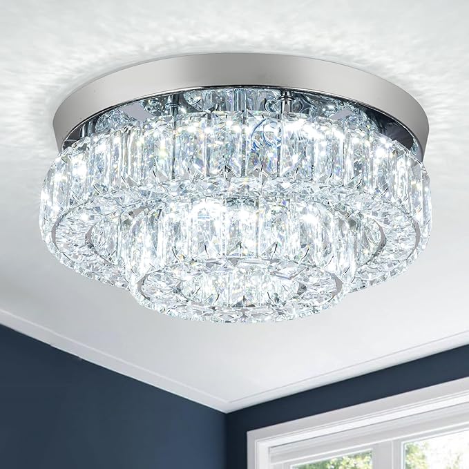 12 Inch Crystal Chandelier LED Ceiling Light 2 Tier Flush Mount Ceiling Light Fixtures Modern Chandelier Lighting for Hallway Bedroom Dining Room Kitchen (Cool White)-HomvellaHome