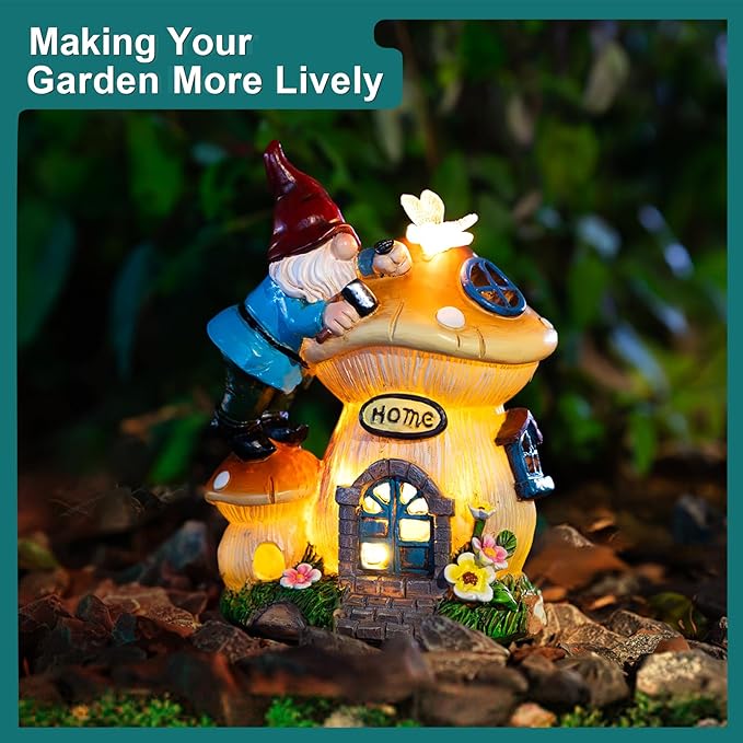 Garden Gnome Statues Figurine Lights - Solar Powered Lighting Outdoor Decorations, Gnome Build Mushroom Fairy House, Yard Art Lawn Ornaments for Porch Patio Balcony - Gnome Gifts for Women Mom-HomvellaHome