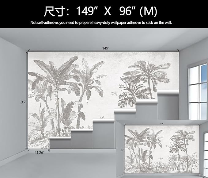 Gray Jungle Landscape Wallpaper Mural Tropical Banana Leaf Wall Mural (Not Peel and Stick)-HomvellaHome