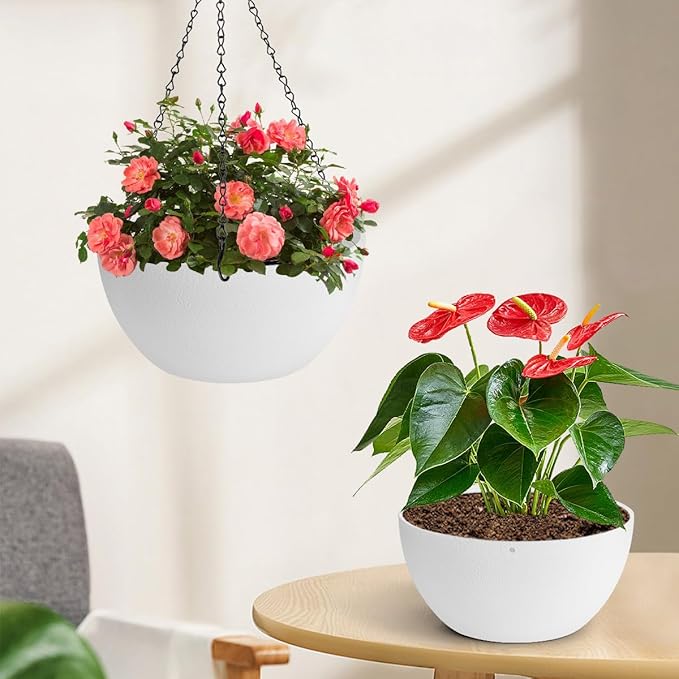 10 inch Hanging Planters for Indoor Plants, 2 Pack Planters for Outdoor Plants with Drainage Holes and Chain, Round Plastic Hanging Baskets, Hanging Flower Pots for Balcony Garden Decor-White-HomvellaHome
