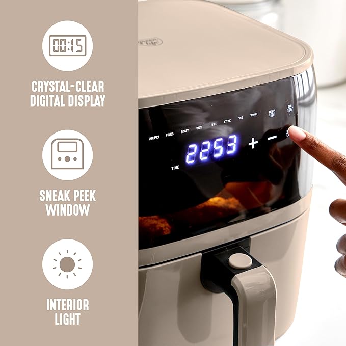 GreenLife Compact Electric Air Fryer Oven, 5.3 QT, PFAS-Free Ceramic Nonstick Drawer, 8 One Touch Digital Display, Easy View Window, Auto Shut-Off Timer, Dishwasher Safe Parts, 1500 Watts, Taupe-HomvellaHome
