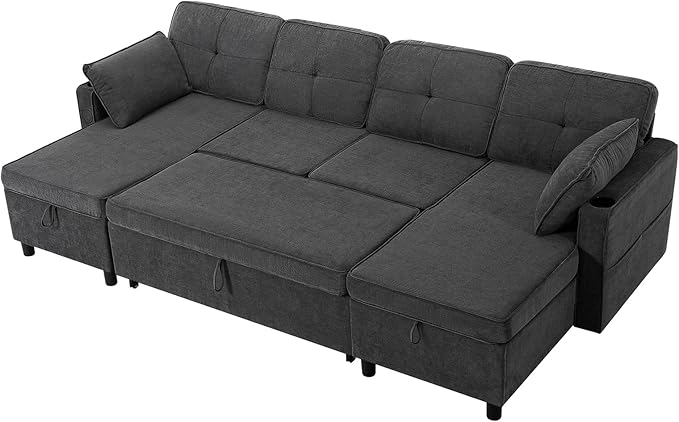 110 Inches Chenille Sectional Sofa w/Adjustable Back & Pull Out Sofa Bed, Tufted U Shaped Couch w/Two Storage Chaises, Sleeper Sectional Sofa w/USB Port & Cup Holders for Living Room, Grey-HomvellaHome