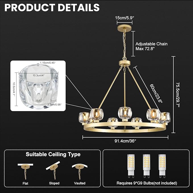Gold Wagon Wheel Chandelier, 36 Inch Brass Chandeliers with Unique Glass Shade, 9-Light Crystal Farmhouse Wagon Wheel Chandeliers for Dining Room, Round Chandelier for Living Room, Foyer, Entryway-HomvellaHome