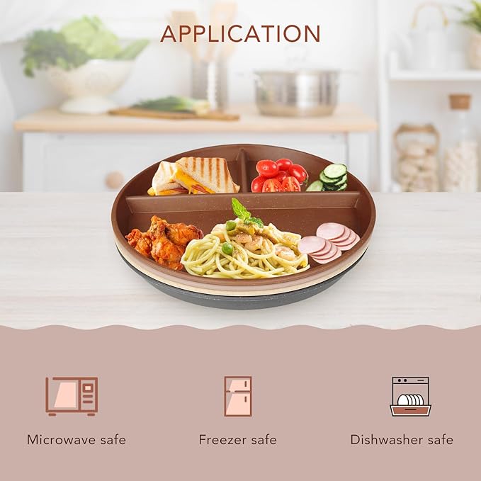 greenandlife 10 Inch 4PCS Unbreakable Portion Control Plates, Divided Plates for Kids Adults, Dishwasher & Microwave Safe Compartment Plate, Lightweight Reusable Wheat Straw Plate, Earth Tone-HomvellaHome