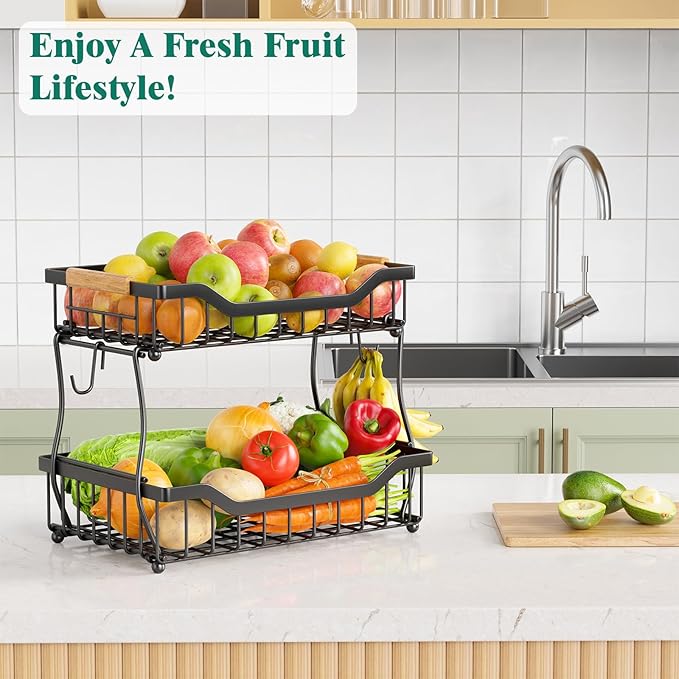 Giwil 2 Tier Countertop Fruit Basket for Kitchen, Vegetable Storage Bread Fruit Bowl Stand with 2 Banana Hangers, Wall Mounted Metal Wire Basket Organizer for Potato Onion, Black-HomvellaHome