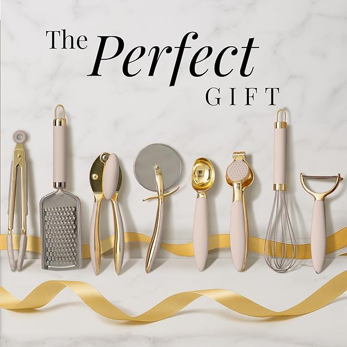 Gold and Beige Kitchen Utensils Set – 8 PC Cooking Gadgets with Mini Gold Whisk and Tongs, Pizza Cutter, Garlic Press, Cheese Grater, Peeler, Can Opener, Scoops – Stylish Beige Kitchen Accessories-HomvellaHome