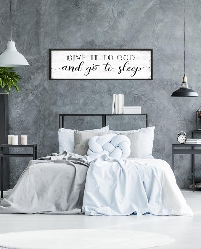 Give It to God and Go to Sleep Sign: Farmhouse Bedroom Wall Decor Above Bed Rustic Country Master Bedroom Framed Hanging Decor Country Plaque 12" x 40"-HomvellaHome