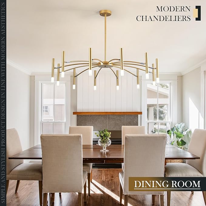 Gold Modern Chandelier 39.4" Large Chandelier Lighting Adjustable Ceiling Pendant Light 12 Light Pendant Light Fixtures for Living Room Dining Room Foyer-HomvellaHome