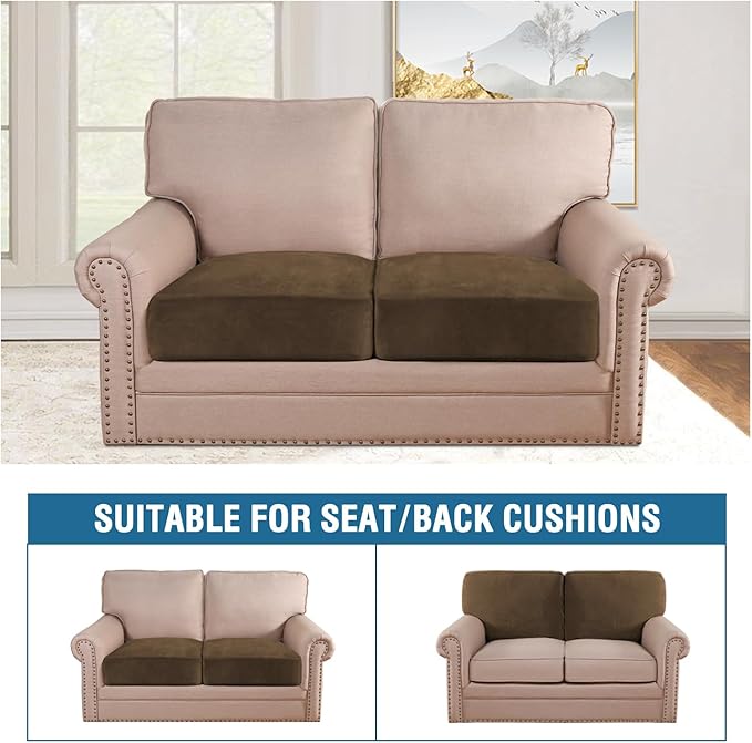 H.VERSAILTEX Velvet Stretch Couch Cushion Cover Plush Cushion Slipcover for Chair Loveseat Sofa Cushion Furniture Protector Seat Cushion Sofa Cover (2 Piece Large Sofa Cushion Covers, Bronze Brown)-HomvellaHome