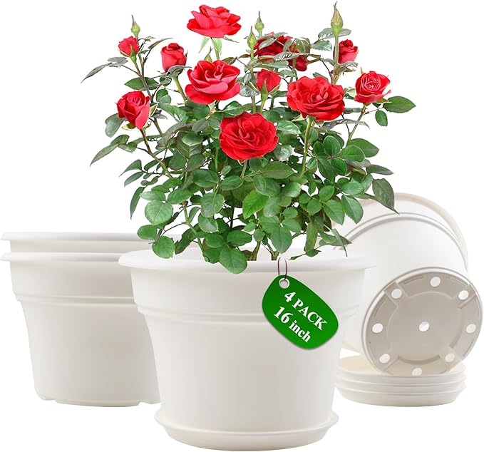 16 inch Plastic-Flower-Pot-for-Indoor-Plants, 4 Pack Large Outdoor Planter Pot with Drainage Holes & Saucers, Resin Decorative Garden Pots Planters-HomvellaHome