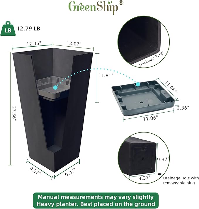 GreenShip 27" Tall Planters, Set of 2 – Black Outdoor Planter for Front Porch & Tall Plants, Weather-Resistant, with Drainage Hole & Rubber Plug (No Plants Included) (Black-2pcs)-HomvellaHome
